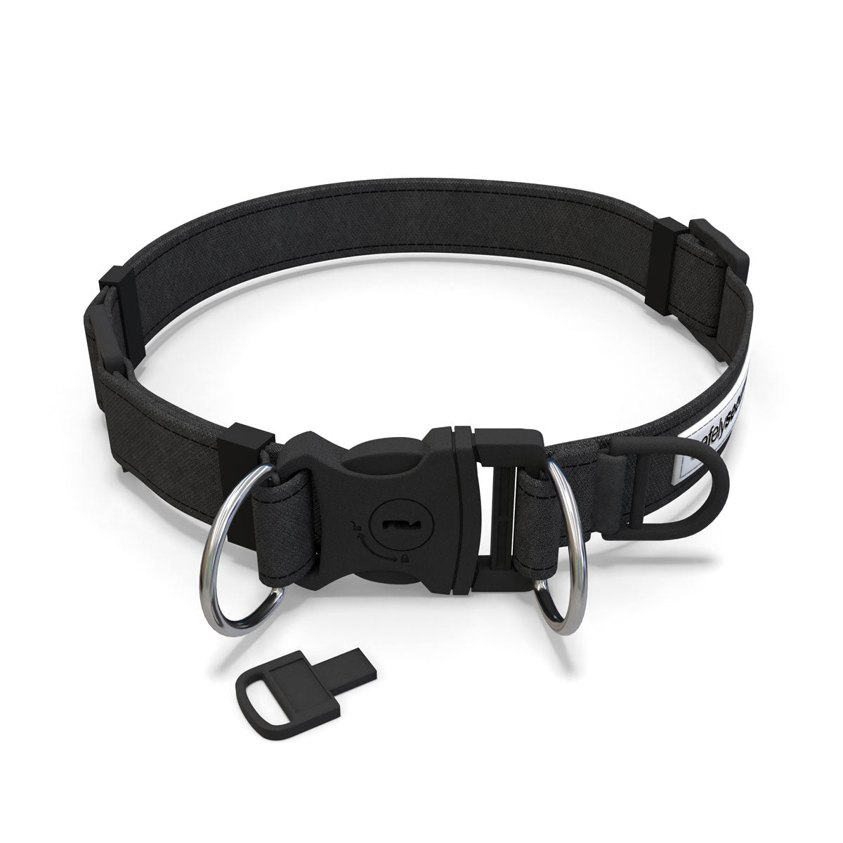 Black Dog Collar with small black key in front of it.