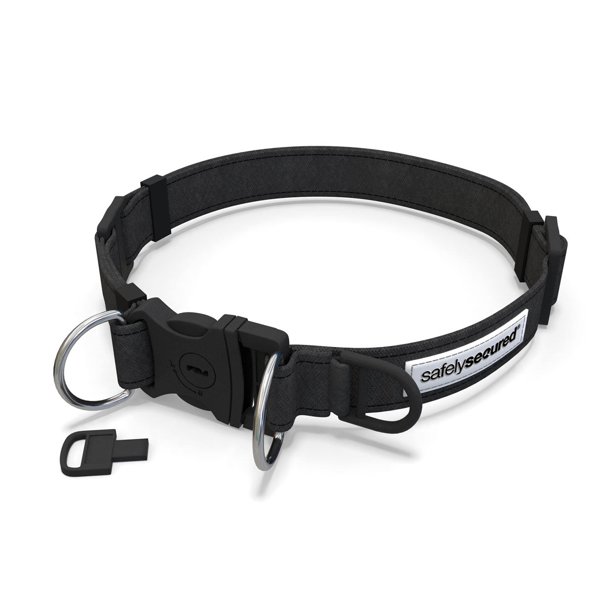 Black Dog Collar with small black key in front of it.