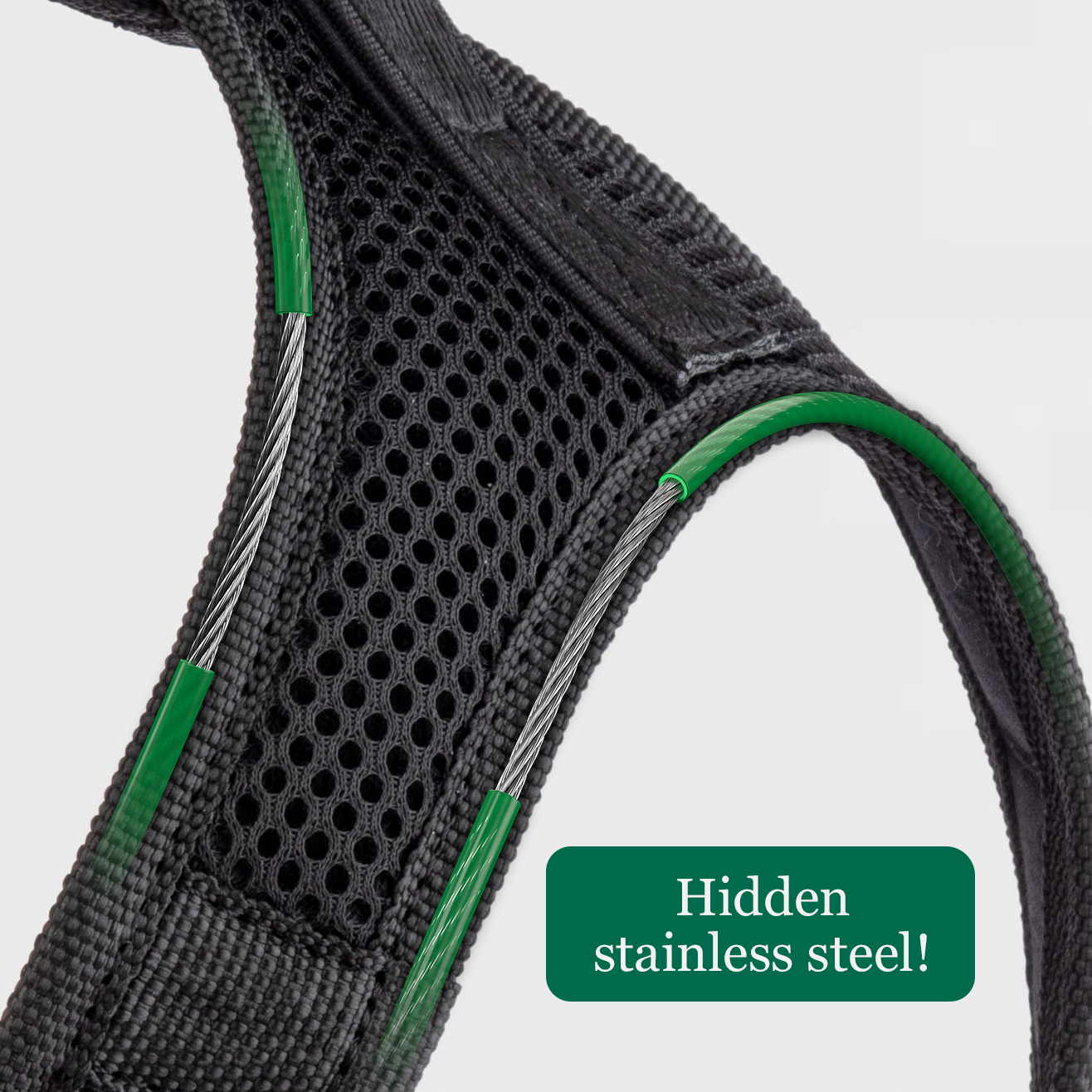 Stainless steel cable stitched inside a Safely Secured harness