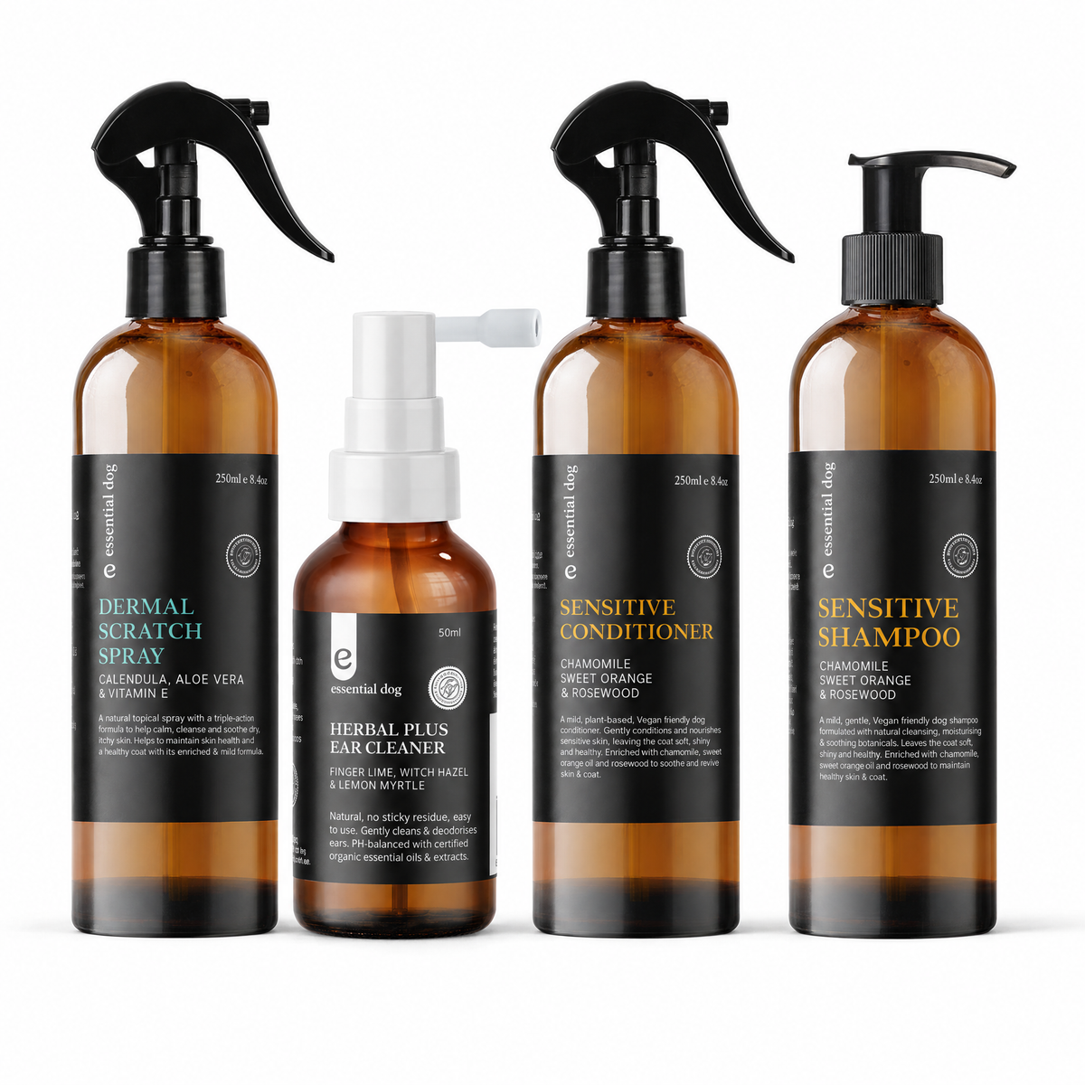 Sensitive Shampoo, Sensitive Conditioner, Dermal Scratch Spray and Herbal Plus Ear Cleaner on a white background.