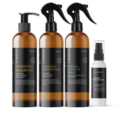 sensitive dog shampoo conditioner dermal spray and oatmeal cream