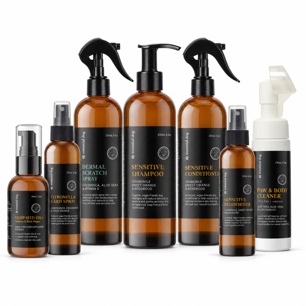 Hemp Seed Oil, Citronella Gard Spray, Dermal Scratch Spray, Paw and Body Cleaner, Sensitive Shampoo, Sensitive Conditioner and Sensitive Deodoriser on a white background.
