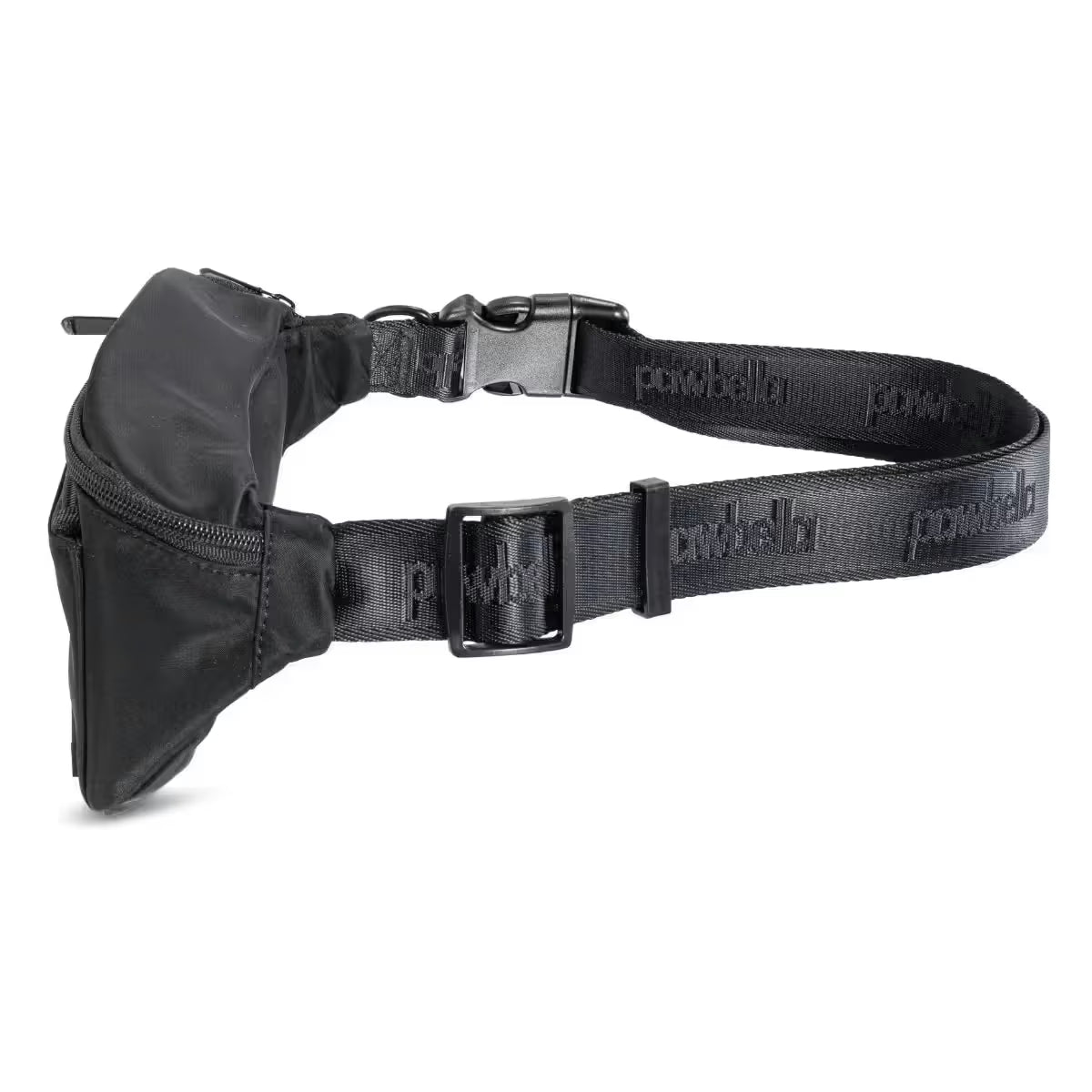 The Pawbella Dog Walking Bum Bag is a black waist bag with an adjustable strap featuring a repeating embossed logo, a buckle closure, and a front zippered compartment—perfect for travel in Australia.