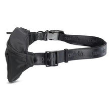 The Pawbella Dog Walking Bum Bag is a black waist bag with an adjustable strap featuring a repeating embossed logo, a buckle closure, and a front zippered compartment—perfect for travel in Australia.