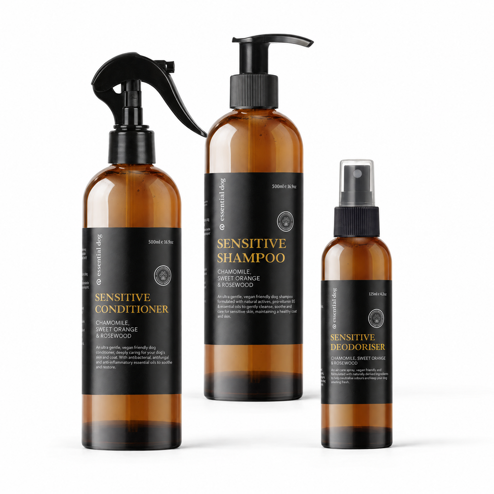 Sensitive Grooming Bundle with Sensitive Shampoo, Conditioner and Deodoriser on a clean white background.