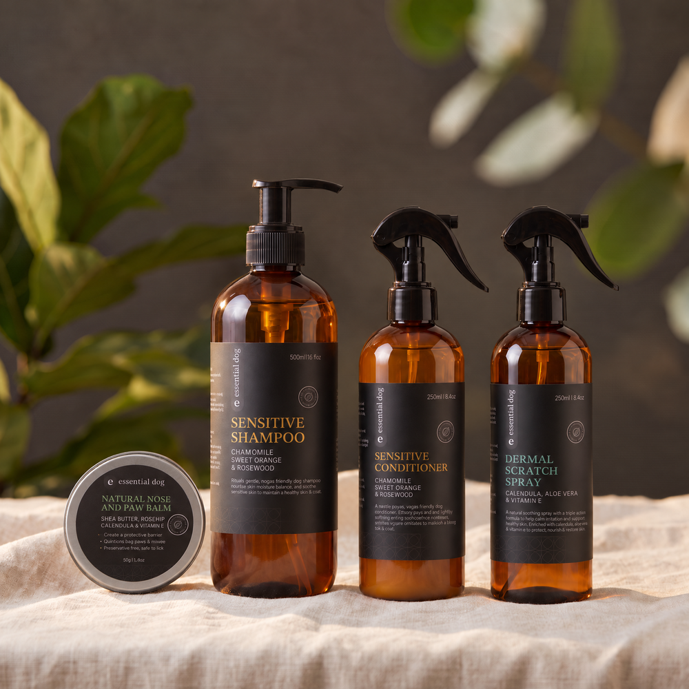 Sensitive Skin & Paw Gift Set — 500ml with its included products in an alternate arrangement on the original premium studio background.