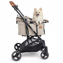 A small, fluffy dog sits happily in the Pawbella Essential Pet Stroller for small dogs and cats (up to 20kg), featuring black wheels and brown handle accents, ready for adventures in Australia.
