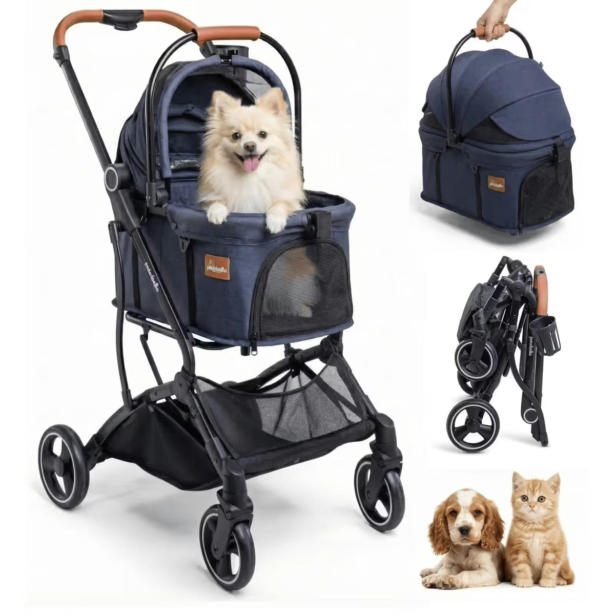 The Pawbella Essential Pet Stroller, designed for small dogs & cats up to 20kg, features a navy blue design perfect for Australian adventures. Insets show its detachable carrier as a pet backpack, the stroller folded, and a dog with a kitten inside.