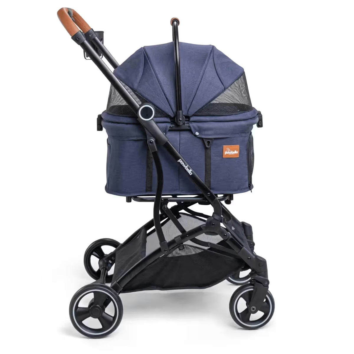 The Pawbella Essential Pet Stroller, designed for small dogs and cats up to 20kg, features a navy blue design with mesh canopy, brown handle accents, and black wheels—ideal for Aussie families and pet lovers. Brand: Pawbella.
