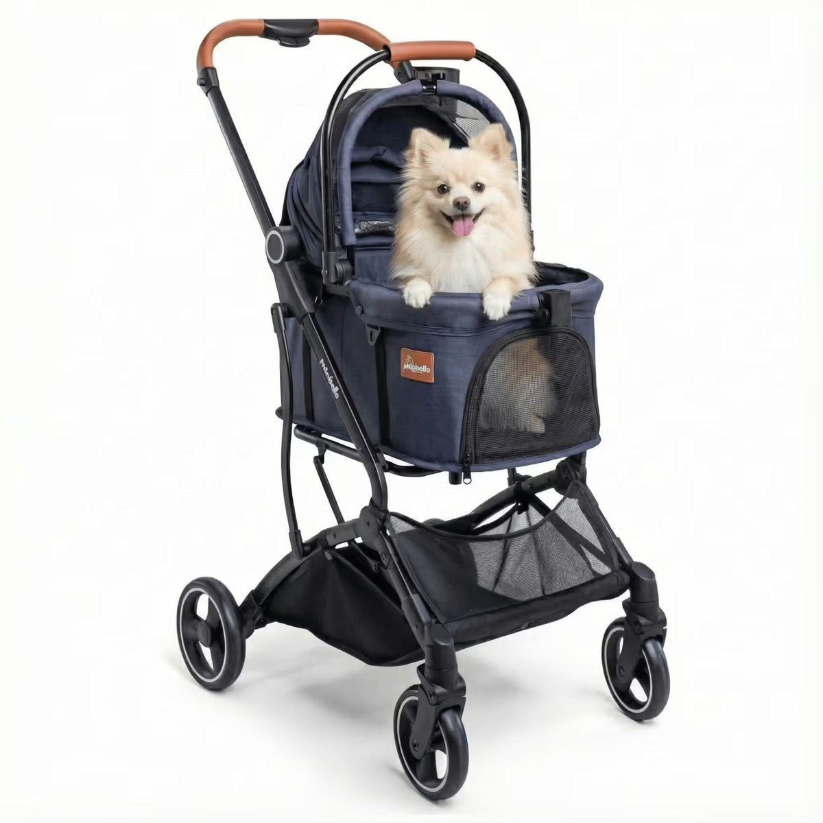 A fluffy light-colored dog sits comfortably in the Pawbella Essential Pet Stroller—lightweight, for small dogs & cats (up to 20kg)—with mesh window and tan handle, against a plain white background.